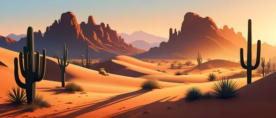 Schilderijen op glas Natural desert landscape, sandstone hills with cactus vegetation at sunset © Rat Art