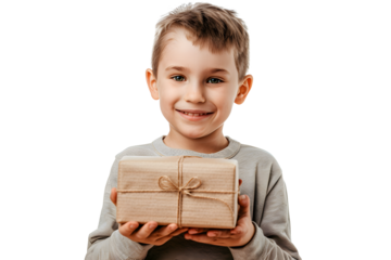 The boy is holding a box.