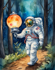 watercolor painting astronaut walking in a forest on a strange planet holding a lantern