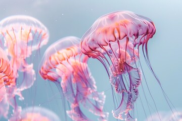 Jellyfish gracefully float with a gentle glow against a serene blue backdrop. - obrazy, fototapety, plakaty
