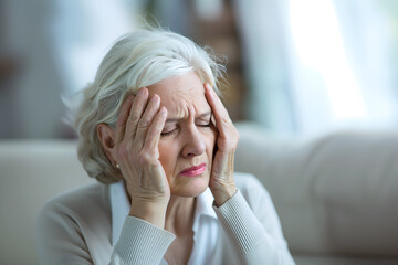Dizziness or headache of Caucasian senior woman.