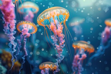 Vibrant jellyfish floating in a deep blue ocean, surrounded by bubbles. - Powered by Adobe