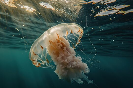 Lion's mane jellyfish swims gracefully under water with sunbeams piercing the surface.