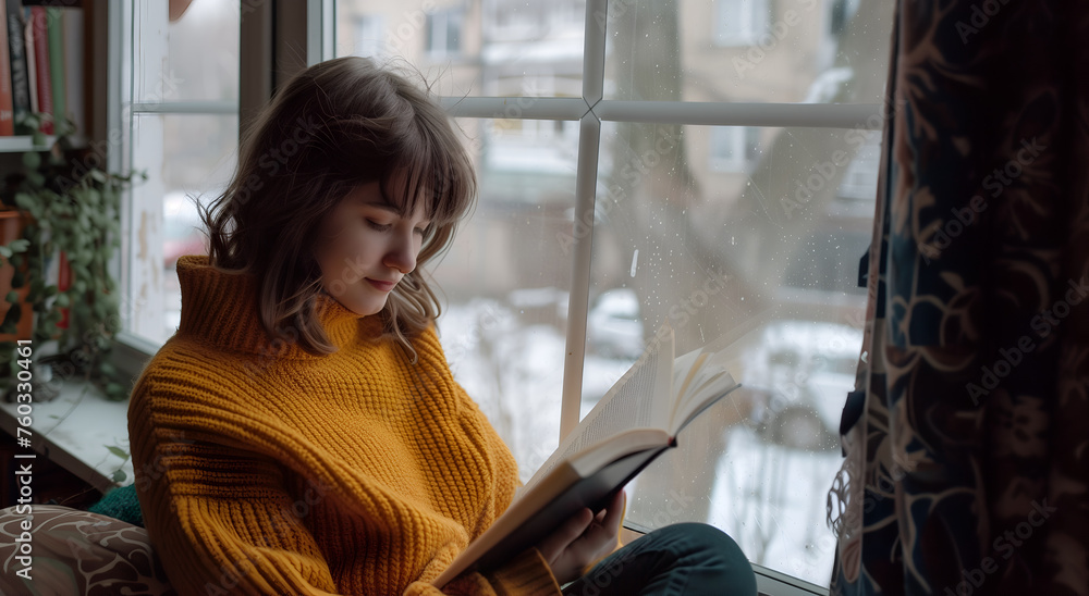 Wall mural beautiful caucasian girl reading book indoors