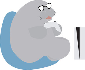 a dugong/manatee that enjoy gaming from it's bean bag chair. Use this illustration if you love dugong/manatee and gaming