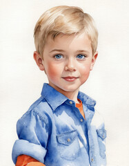 watercolor painting young small boy with very short blonde hair and blue eyes, wearing an orange shirt and blue jeans, multiple poses
