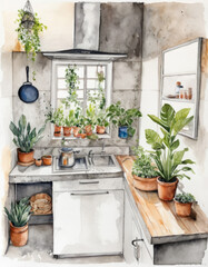 Fototapeta na wymiar watercolor painting Indian solarpunk kitchen with concrete, stainless steel, wood, and plants