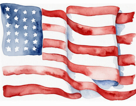 watercolor painting big usa flag, red blue white colors, white background, simple lineart,