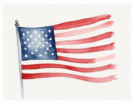 watercolor painting big usa flag, red blue white colors, white background, simple lineart,