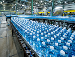 Mass production of drinking water, bottles lined up, manufacturing process, high-angle, busy factory floor - obrazy, fototapety, plakaty