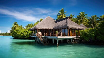 resort water bungalow building illustration tropical paradise, vacation relaxation, escape exotic resort water bungalow building
