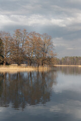 Trees reflected in the waters of a calm lake of Trakai lake district durict the gentle morning light of early spring