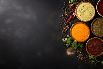 Obraz na płótnie Canvas top view of condiments with copy space for text. Food background for stock photography. - generative ai