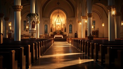 sanctuary catholic church building illustration altar nave, chapel cathedral, priest mass sanctuary catholic church building - obrazy, fototapety, plakaty