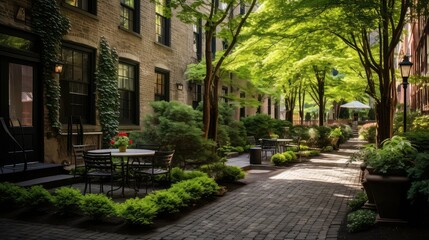 Obraz premium spacious courtyard condominium building illustration elegant exclusive, private serene, stylish contemporary spacious courtyard condominium building