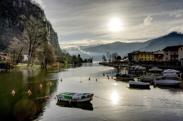 HDR image of Lake Lugano at the strait in Lavena Ponte Tresa.