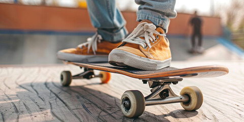 Close-up feet in sneakers of teenager riding skateboard in skatepark. Active skater legs practicing skateboarding. Unrecognizable hipster balancing on board. Hobbies of youth young people concept - obrazy, fototapety, plakaty