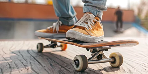 Rollo Close-up feet in sneakers of teenager riding skateboard in skatepark. Active skater legs practicing skateboarding. Unrecognizable hipster balancing on board. Hobbies of youth young people concept © Valeriia