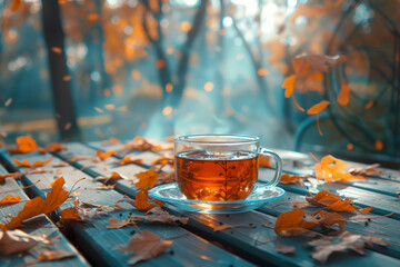 cup of green tea in autumn