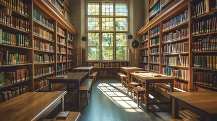 Fototapeta premium Tranquil library room with sunlit windows and shelves full of books. a quiet place for reading and study. vintage style wooden furniture. AI