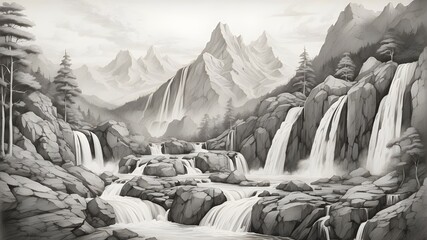 Imagine a tranquil mountain scene, with cascading waterfalls that seem to come to life in a vivid pencil sketch. The lines and strokes create a sense of movement and depth, making you feel like you're