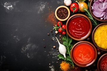 Obraz na płótnie Canvas top view of condiments with copy space for text. Food background for stock photography. - generative ai