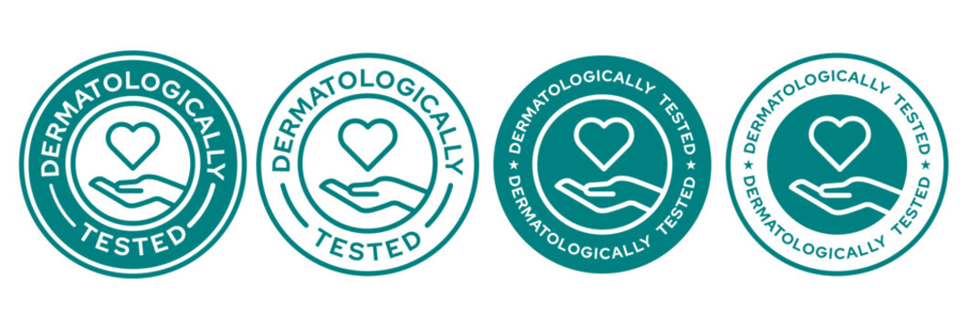 Set dermatologically tested vector label with water drop, leaf and hand logo. Dermatology test and dermatologist clinically proven icon for allergy free and healthy safe product package tag.