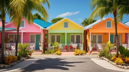 Foto op Plexiglas tropical island bungalow building illustration paradise ocean, palm hut, thatch retreat tropical island bungalow building © sevector