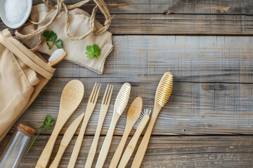 Eco-Friendly Bamboo Utensils Set, An assortment of sustainable bamboo utensils and toothbrushes...