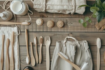 Eco-Friendly Bamboo Utensils Set, An assortment of sustainable bamboo utensils and toothbrushes laid out on rustic wood, representing an environmentally conscious lifestyle choice. - obrazy, fototapety, plakaty