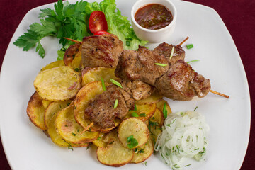 Delicious kebab with fried potatoes on a plate, menu for a restaurant