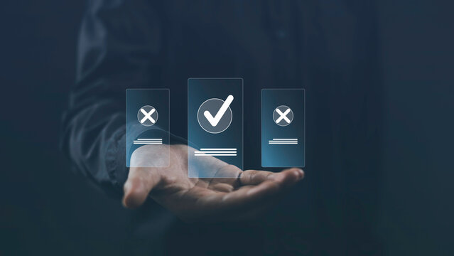 Businessman give approval in answer research. Rating checkbox very impressed. enlarging correct check mark Icon and voting, Approval, Contract assignment theme.