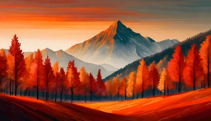 Fotobehang Abstract beautiful minimalist orange-red Autumn forest with close up colorful leaves on digital art concept, Generative AI. © Watercolor_Concept