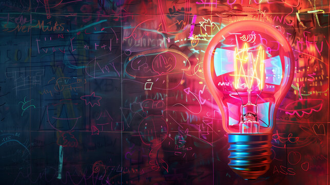 ight bulb with glowing light inside on background of doodles showing business concepts, creative idea concept