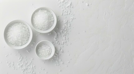 Simple yet elegant kitchen staples: three bowls of salt on a white background. ideal for culinary concepts and minimal design. photographed with natural light. AI - obrazy, fototapety, plakaty