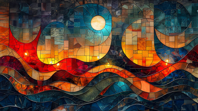 A dynamic abstract mural of stained glass waves in a spectrum of colors, representing creativity and fluidity in art.