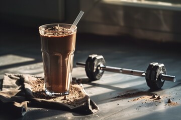 photo a glass of chocolate protein shake with a straw beside a dumbbell, minimalist - obrazy, fototapety, plakaty