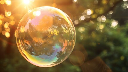 Obraz na płótnie Canvas A shimmering soap bubble floats gracefully against a sunlit backdrop. outdoor harmony captured. reflections of nature's beauty. versatile imagery for diverse use. ideal for creative projects. AI