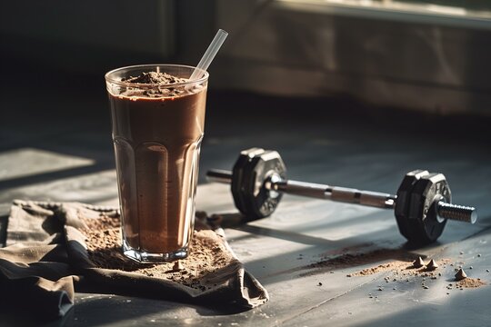 photo a glass of chocolate protein shake with a straw beside a dumbbell, minimalist