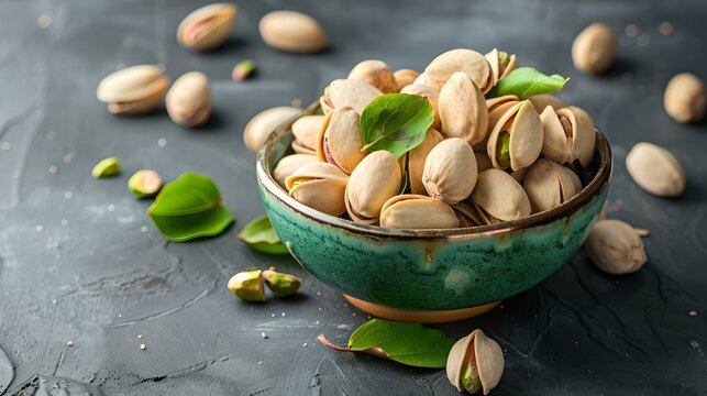 Fresh pistachios in a bowl on a dark surface. close-up, healthy snacking concept. natural food presentation. perfect for culinary uses. AI