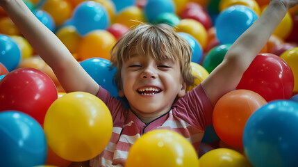 Fototapeta na wymiar Happy laughing boy 1-2 years old having fun in ball, Generative Ai