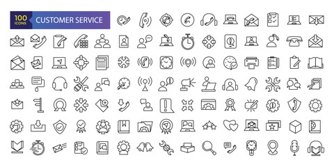 contact and support thin line icons. Contains icons as phone call, customer. Set of Help and Support Related Vector Line Icons.