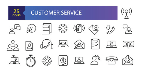 contact and support thin line icons. Contains icons as phone call, customer. Set of Help and Support Related Vector Line Icons.