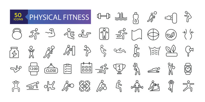 Fitness and Gym line icons Vector Icons. Adjust stroke weight Related Vector Line Icons. Set of fitness gym equipment, sports recreation activity.