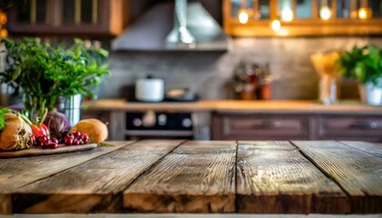 Cozy Culinary Setting: Blurred Kitchen Scene with Wooden Table