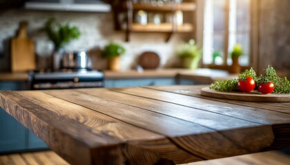 Fototapeta na wymiar Casual Dining: Blurred Kitchen Environment with Wooden Table