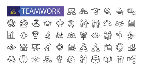 Teamwork icon set. Related Vector Line Icons. Contains such Icons as Meeting, Workplace, Business Communication, Team Structure.