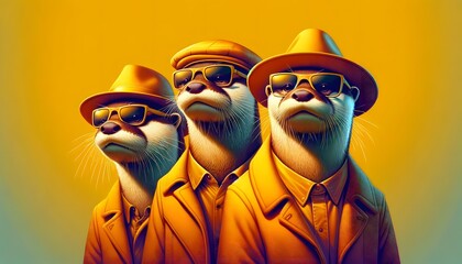 AI-generated illustration of three fashionable otters wearing sunglasses and yellow jackets, posing seriously against a yellow background - obrazy, fototapety, plakaty