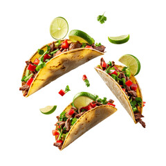 Levitating tacos in air with meat lime vegetables isolated on transparent png background. Mexican food generated by ai