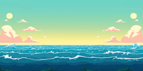 Gardinen Ocean background, video game style graphics oceans level design backdrop illustration, gaming resources, scrolling platform, generated ai © dan